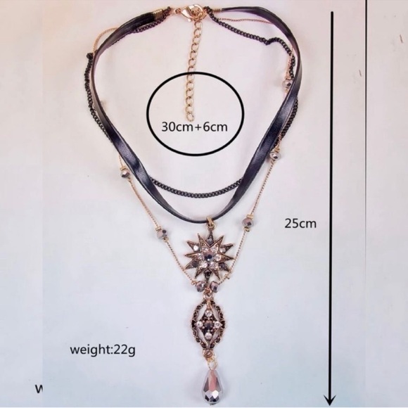 Dark Romance Vamp Academia Layered Faux Suede Gold Diamond Beaded Choker - Picture 9 of 12